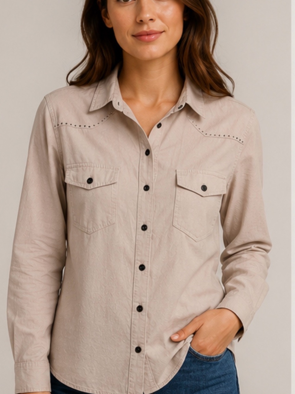 Tantrums Taupe Button-Front Western Shirt large